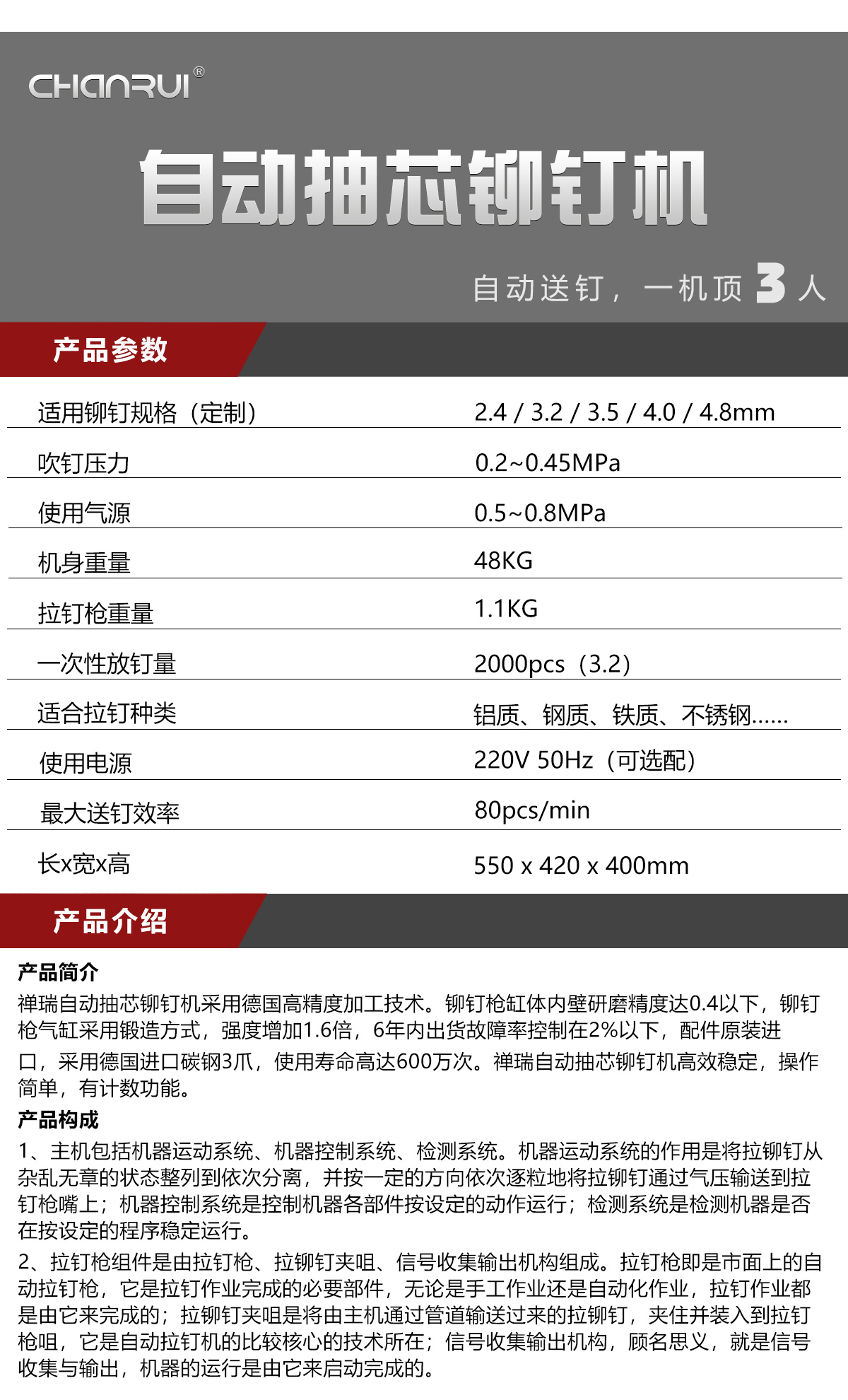 automatic riveting machine, vibratory-bowl model specification table and product description covering sizes, air pressure, weight and feeding rate