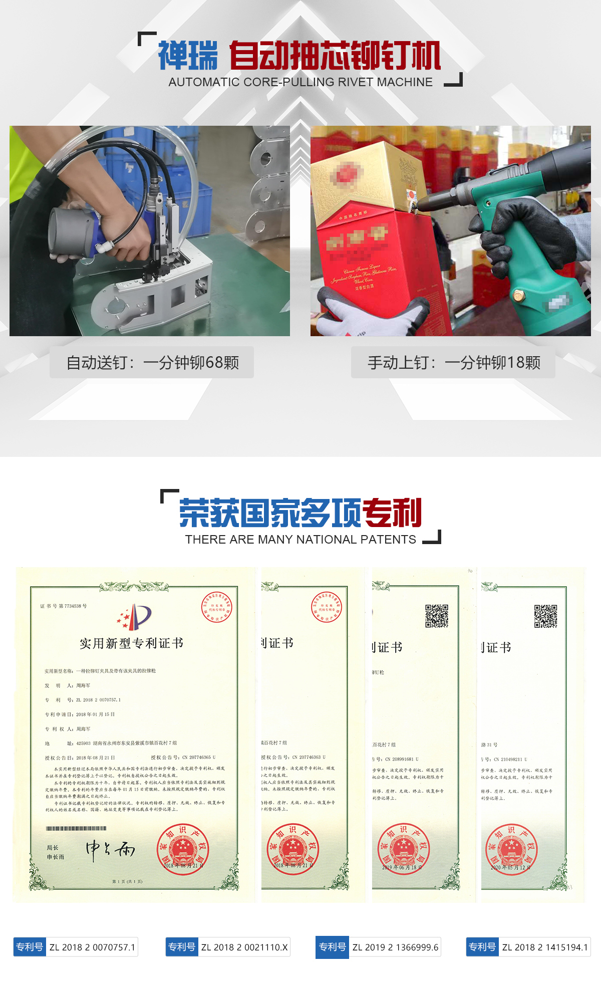 자동 블라인드 리벳기, 자동 급지와 수작업 효율 비교 및 국가 특허증서